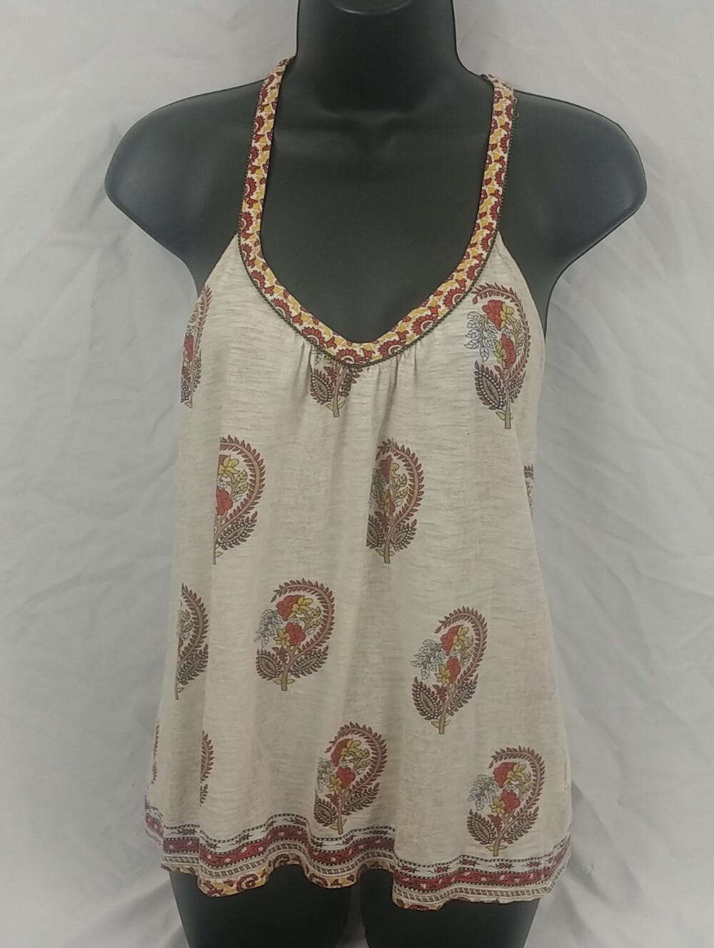 Lucky Brand Paisley Racerback Tank Women S Beaded Cream Red BoHo Festival